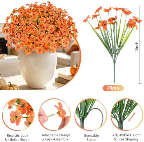 20 PCS Artificial Fall Flowers for Outdoors, Orange Fake Mums, alternate view 4