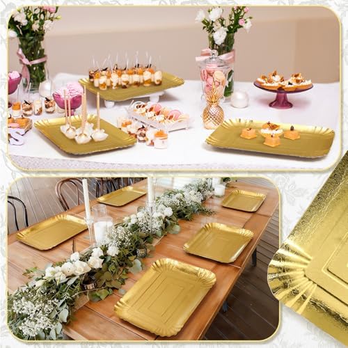 20 Pcs Gold Serving Trays and Platters Bulk Disposable Paper Rectangle Gold Party Platters Decorative Food, alternate view 4