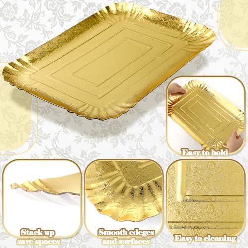 20 Pcs Gold Serving Trays and Platters Bulk Disposable Paper Rectangle Gold Party Platters Decorative Food, alternate view 6
