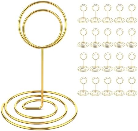 20 Pcs Gold Table Number Holders, 4-Inch Place Card Holders With Widened Base, Wire Photo Stands for Tables