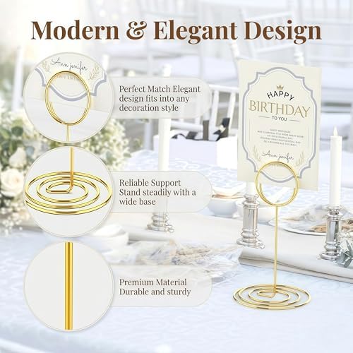 20 Pcs Gold Table Number Holders, 5-Inch Place Card Holders With Widened Base, Wire Photo Stands for Tables, alternate view 5