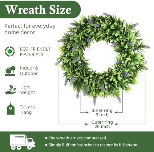20" Spring Summer Wreaths for Front Door, Artificial Floral Wreath, Green Foliage Wreath for Wall Window, alternate view 2