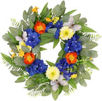 20" Spring Summer Wreaths for Front Door with Blue Hydrangea and Sunflower, Greenery Wreaths with Artificial