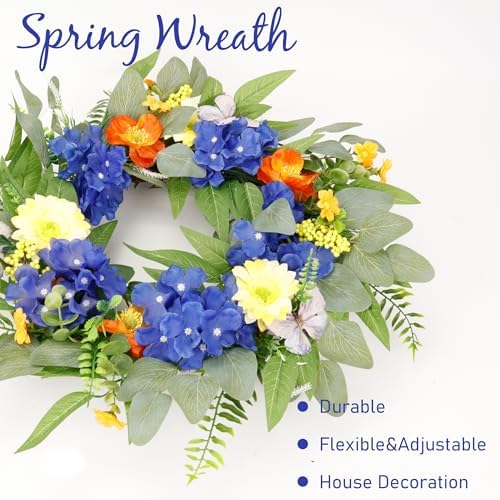 20" Spring Summer Wreaths for Front Door with Blue Hydrangea and Sunflower, Greenery Wreaths with Artificial, alternate view