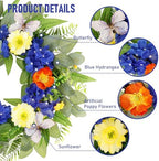 20" Spring Summer Wreaths for Front Door with Blue Hydrangea and Sunflower, Greenery Wreaths with Artificial, alternate view
