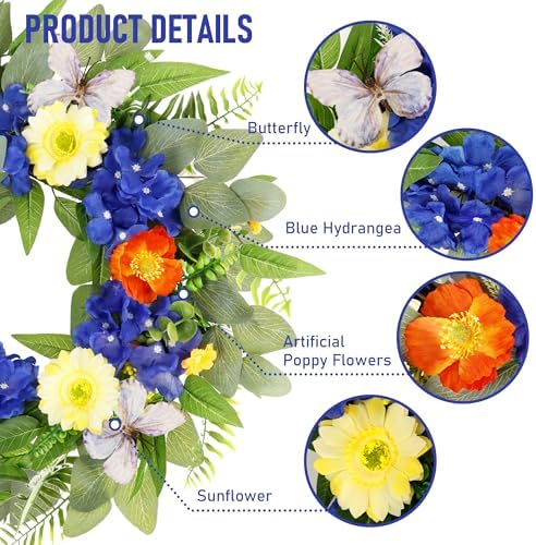 20" Spring Summer Wreaths for Front Door with Blue Hydrangea and Sunflower, Greenery Wreaths with Artificial, alternate view