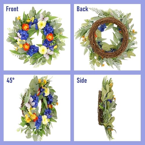 20" Spring Summer Wreaths for Front Door with Blue Hydrangea and Sunflower, Greenery Wreaths with Artificial, alternate view
