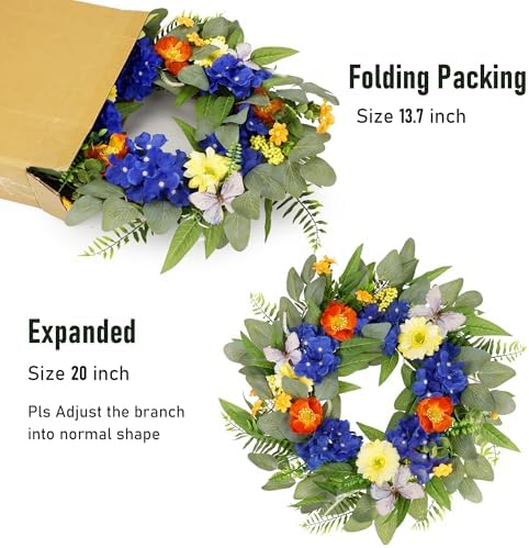 20" Spring Summer Wreaths for Front Door with Blue Hydrangea and Sunflower, Greenery Wreaths with Artificial, alternate view