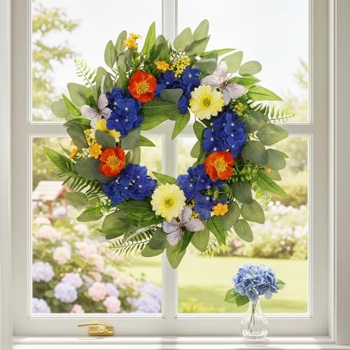 20" Spring Summer Wreaths for Front Door with Blue Hydrangea and Sunflower, Greenery Wreaths with Artificial, alternate view