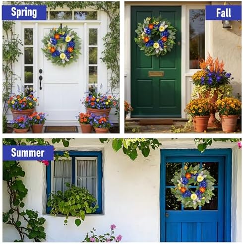 20" Spring Summer Wreaths for Front Door with Blue Hydrangea and Sunflower, Greenery Wreaths with Artificial, alternate view