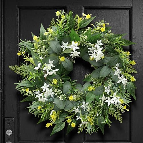 20" Stephanotis Spring Summer Wreath for Front Door - White Floral Wreath in White With Green
