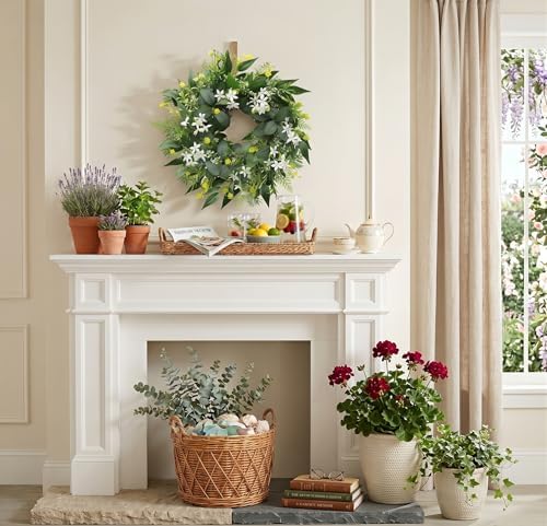 20" Stephanotis Spring Summer Wreath for Front Door - White Floral Wreath in White With Green, alternate view 3