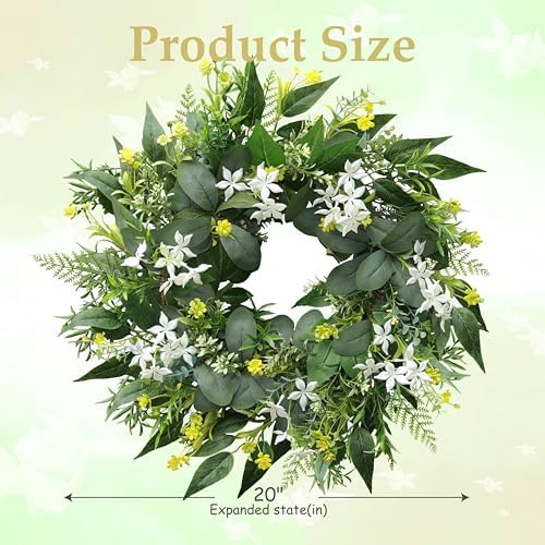 20" Stephanotis Spring Summer Wreath for Front Door - White Floral Wreath in White With Green, alternate view 6