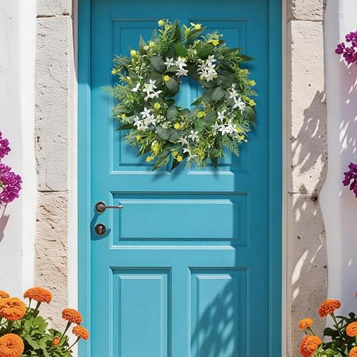 20" Stephanotis Spring Summer Wreath for Front Door - White Floral Wreath in White With Green, alternate view 7