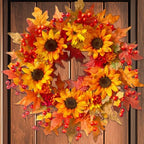 20" Sunflower Fall Wreath for Front Door Outside with Maple Leaves & Berry in Yellow