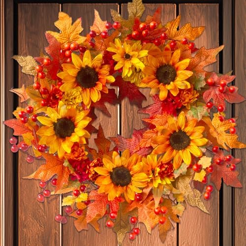 20" Sunflower Fall Wreath for Front Door Outside with Maple Leaves & Berry in Yellow