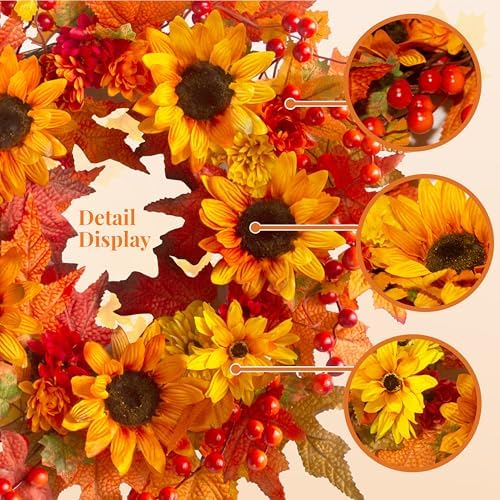 20" Sunflower Fall Wreath for Front Door Outside with Maple Leaves & Berry in Yellow, alternate view 2