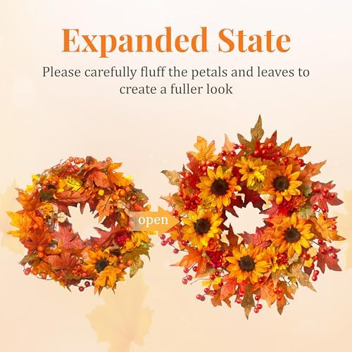 20" Sunflower Fall Wreath for Front Door Outside with Maple Leaves & Berry in Yellow, alternate view 3
