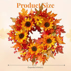20" Sunflower Fall Wreath for Front Door Outside with Maple Leaves & Berry in Yellow, alternate view 4