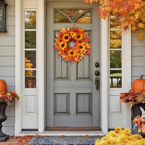 20" Sunflower Fall Wreath for Front Door Outside with Maple Leaves & Berry in Yellow, alternate view 5