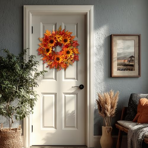 20" Sunflower Fall Wreath for Front Door Outside with Maple Leaves & Berry in Yellow, alternate view 6