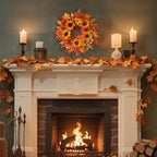 20" Sunflower Fall Wreath for Front Door Outside with Maple Leaves & Berry in Yellow, alternate view 7