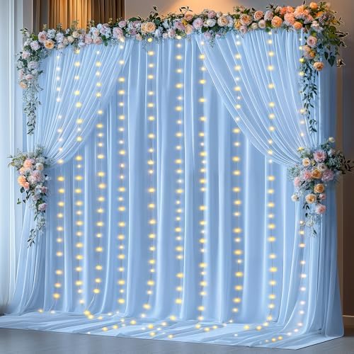 20 x 10ft Baby Blue Backdrop Curtains with Lights String in W5' x H10'(4 panels) in Baby Blue