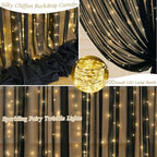 20 x 10ft Black Chiffon Backdrop Curtain with Lights String for Parties,4 Panels Sheer Tulle Curtain Wedding, alternate view