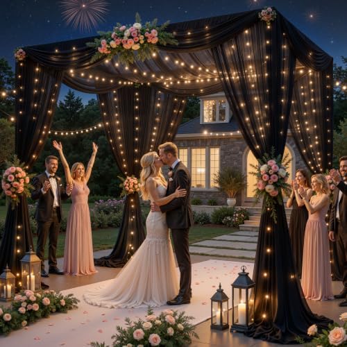 20 x 10ft Black Chiffon Backdrop Curtain with Lights String for Parties,4 Panels Sheer Tulle Curtain Wedding, alternate view