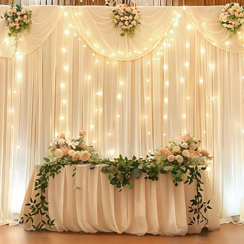 20 x 10ft Champagne Backdrop Curtain with Light String for Party in W5' x H10'(4 panels) in Champagne, alternate view 3