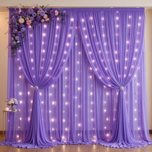 20 x 10ft Purple Chiffon Backdrop Curtain with Lights String for Parties,4 Panels Sheer Tulle Curtain Wedding