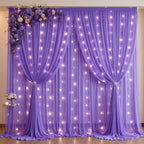 20 x 10ft Purple Chiffon Backdrop Curtain with Lights String for Parties,4 Panels Sheer Tulle Curtain Wedding