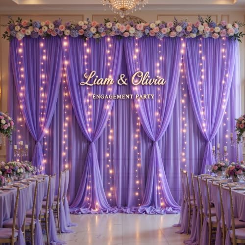 20 x 10ft Purple Chiffon Backdrop Curtain with Lights String for Parties,4 Panels Sheer Tulle Curtain Wedding, alternate view