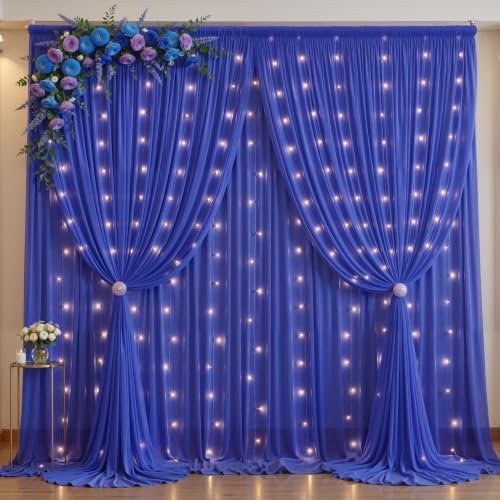 20 x 10ft Royal Blue Chiffon Backdrop Curtain with Lights String for Parties,4 Panels Sheer Tulle Curtain