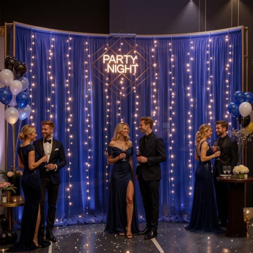 20 x 10ft Royal Blue Chiffon Backdrop Curtain with Lights String for Parties,4 Panels Sheer Tulle Curtain, alternate view 3