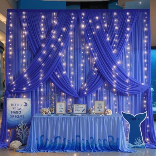 20 x 10ft Royal Blue Chiffon Backdrop Curtain with Lights String for Parties,4 Panels Sheer Tulle Curtain, alternate view 6