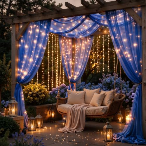 20 x 10ft Royal Blue Chiffon Backdrop Curtain with Lights String for Parties,4 Panels Sheer Tulle Curtain, alternate view 7
