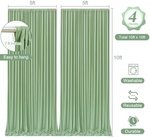 20 x 10ft Sage Green Backdrop Curtains with Lights String in W5' x H10'(4 panels) in Sage Green, alternate view 4