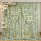 20 x 10ft Sage Green Chiffon Backdrop Curtain with Lights String for Parties,4 Panels Sheer Tulle Curtain