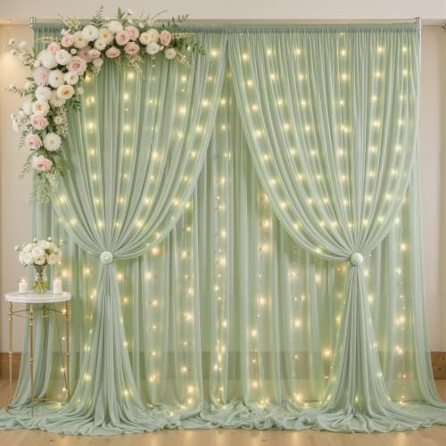 20 x 10ft Sage Green Chiffon Backdrop Curtain with Lights String for Parties,4 Panels Sheer Tulle Curtain