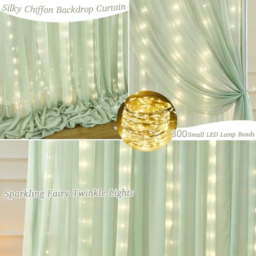 20 x 10ft Sage Green Chiffon Backdrop Curtain with Lights String for Parties,4 Panels Sheer Tulle Curtain, alternate view 2