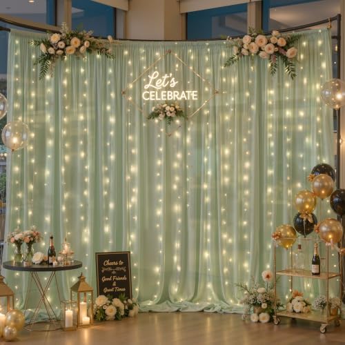 20 x 10ft Sage Green Chiffon Backdrop Curtain with Lights String for Parties,4 Panels Sheer Tulle Curtain, alternate view 3