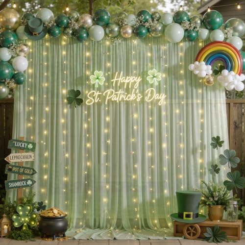 20 x 10ft Sage Green Chiffon Backdrop Curtain with Lights String for Parties,4 Panels Sheer Tulle Curtain, alternate view 5