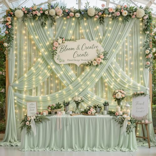 20 x 10ft Sage Green Chiffon Backdrop Curtain with Lights String for Parties,4 Panels Sheer Tulle Curtain, alternate view 6