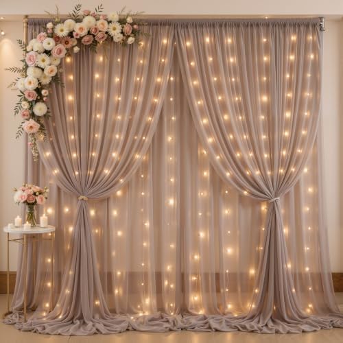 20 x 10ft Taupe Chiffon Backdrop Curtain with Lights String for Parties,4 Panels Sheer Tulle Curtain Wedding