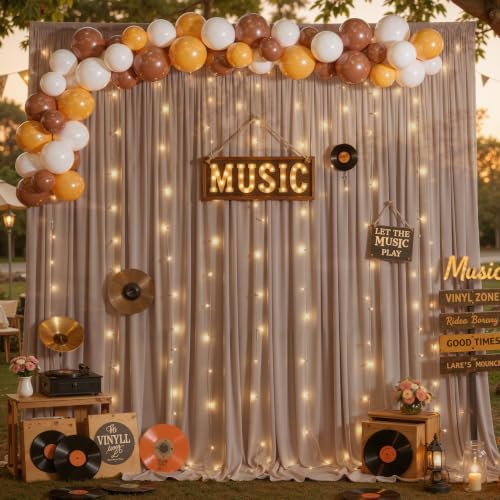 20 x 10ft Taupe Chiffon Backdrop Curtain with Lights String for Parties,4 Panels Sheer Tulle Curtain Wedding, alternate view