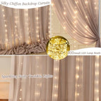 20 x 10ft Taupe Chiffon Backdrop Curtain with Lights String for Parties,4 Panels Sheer Tulle Curtain Wedding, alternate view
