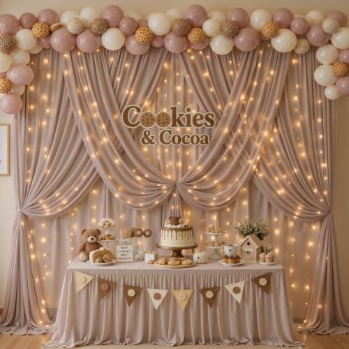 20 x 10ft Taupe Chiffon Backdrop Curtain with Lights String for Parties,4 Panels Sheer Tulle Curtain Wedding, alternate view