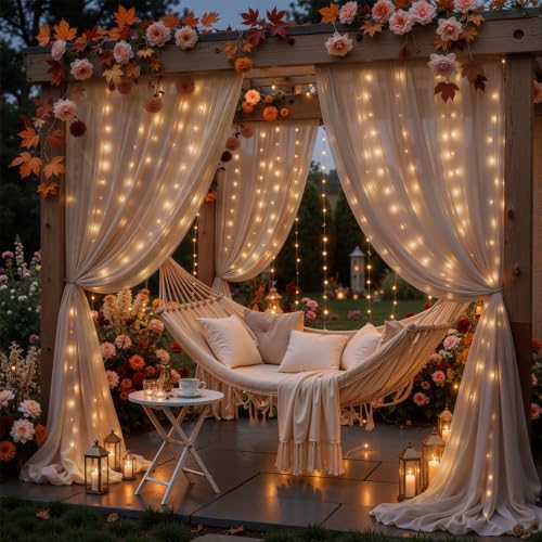 20 x 10ft Taupe Chiffon Backdrop Curtain with Lights String for Parties,4 Panels Sheer Tulle Curtain Wedding, alternate view