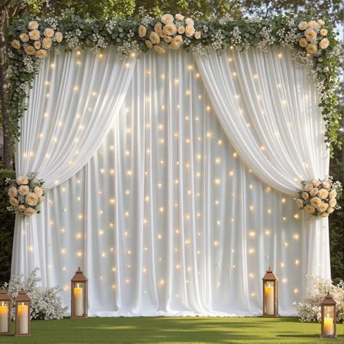 20 x 10ft White Backdrop Curtains with Lights String for Party in W5' x H10'(4 panels) in White, alternate view 2